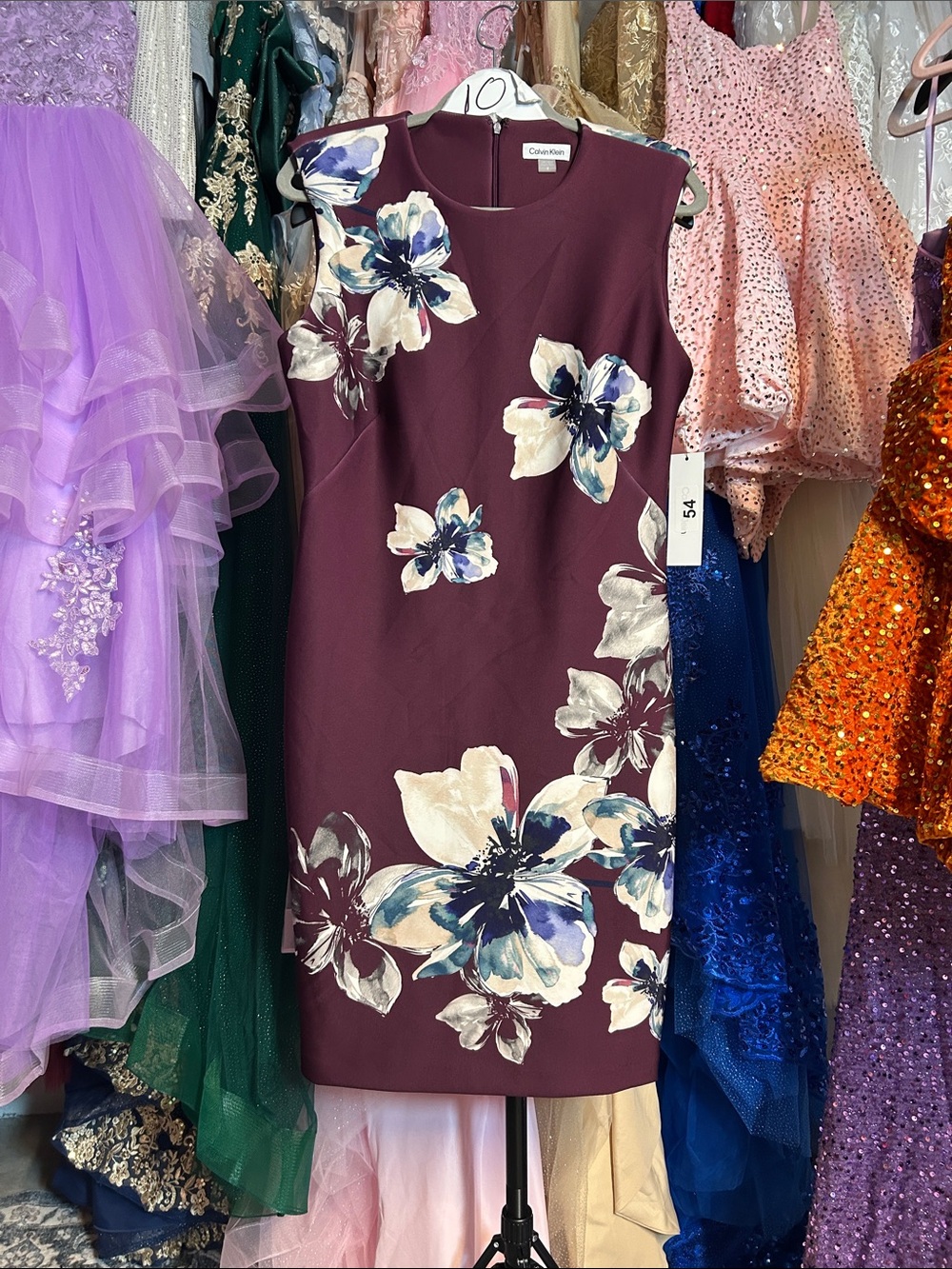 Calvin Klein Plum Sheath Dress with Ivory & Blue Floral Print